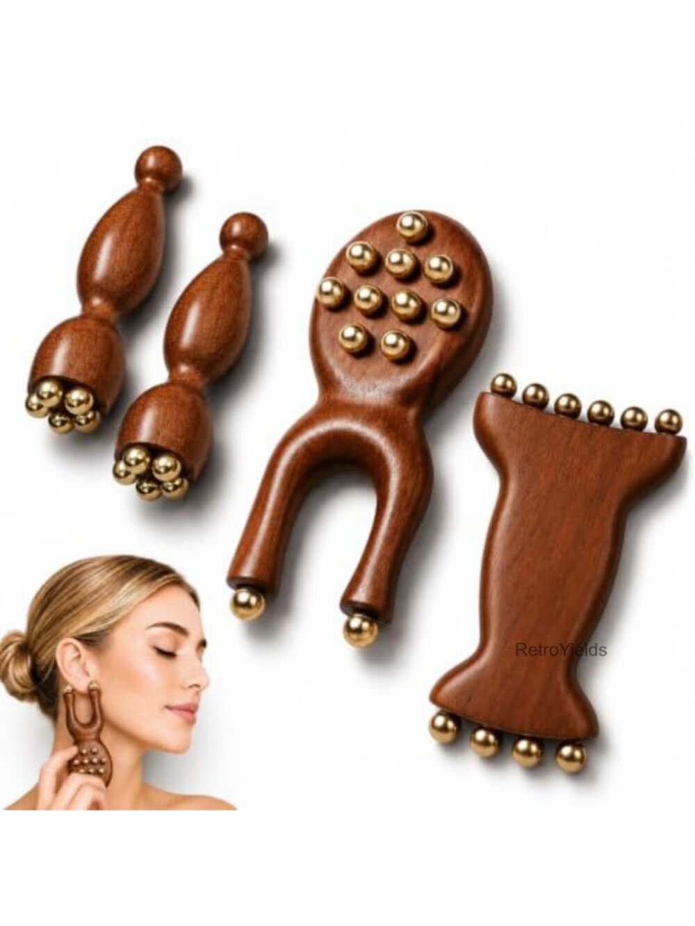 4pc Sandalwood Copper Bead Face Massage Set Dual Head Roller Gua Sha